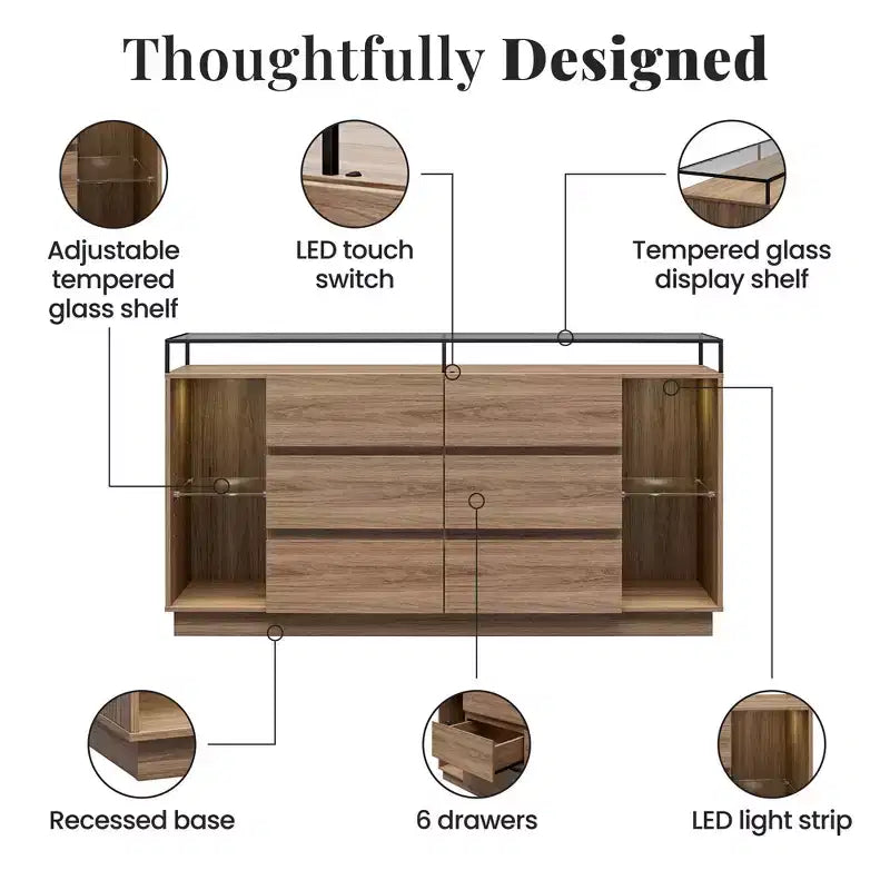 Commode à 6 tiroirs avec lumières LED et plateau en verre