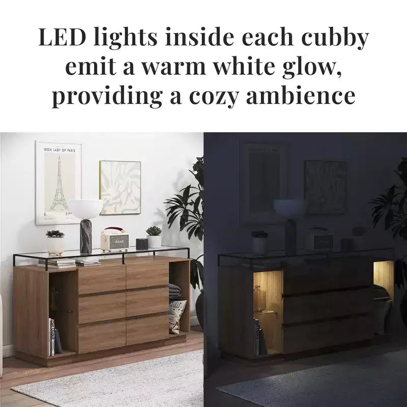 Commode à 6 tiroirs avec lumières LED et plateau en verre
