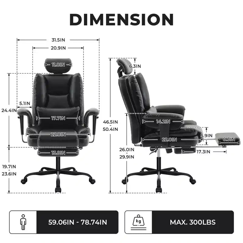 Chaise de bureau en cuir PU avec soutien lombaire et dossier haut