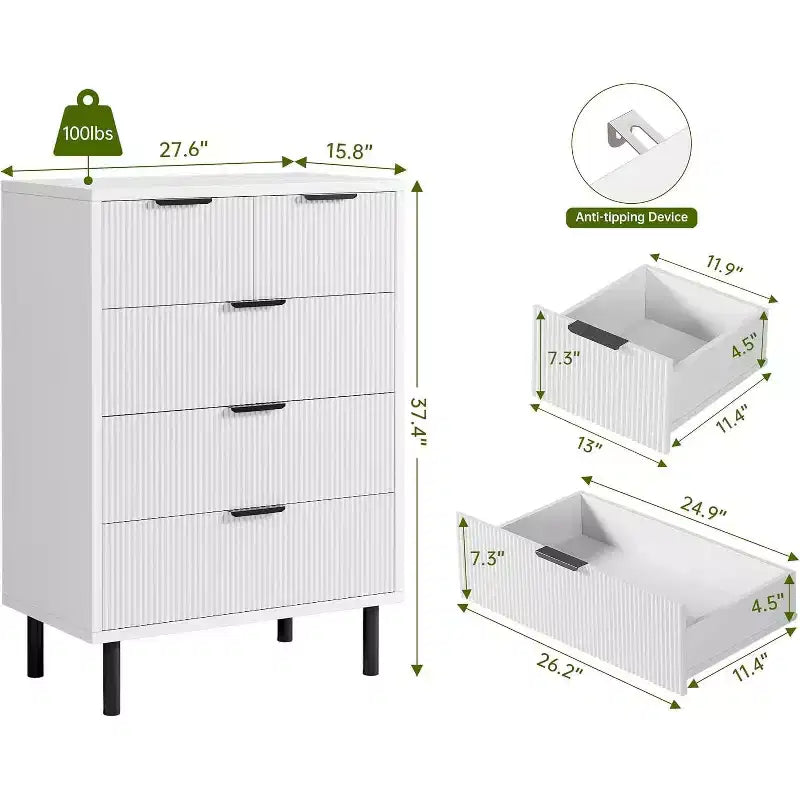 Commode Blanche à 5 Tiroirs Cannelés, Chiffonnier Moderne Haut avec Pieds en Métal pour Chambre à Coucher