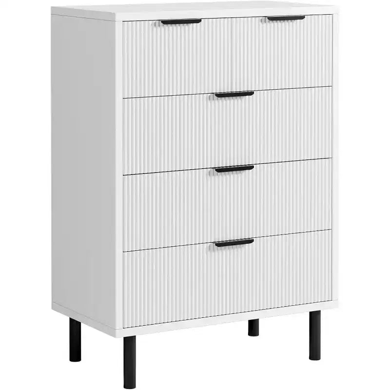 Commode Blanche à 5 Tiroirs Cannelés, Chiffonnier Moderne Haut avec Pieds en Métal pour Chambre à Coucher