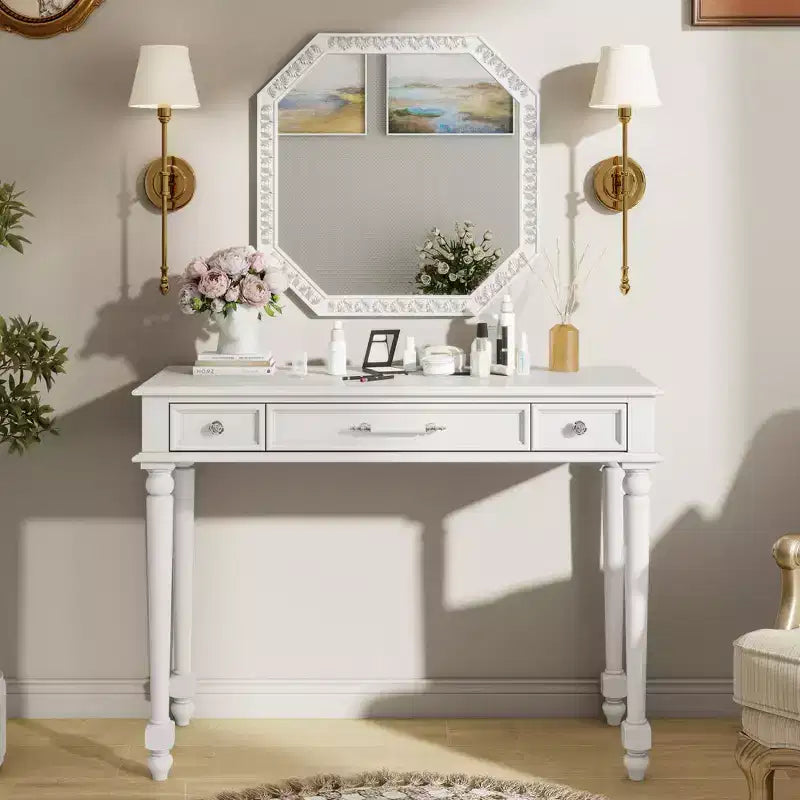 ModernLuxe Makeup Vanity Desk with Mirror, Drawers &amp; Jewelry Storage Plate, White Vanity Table Dressing Table Space-Saving Beauty Station