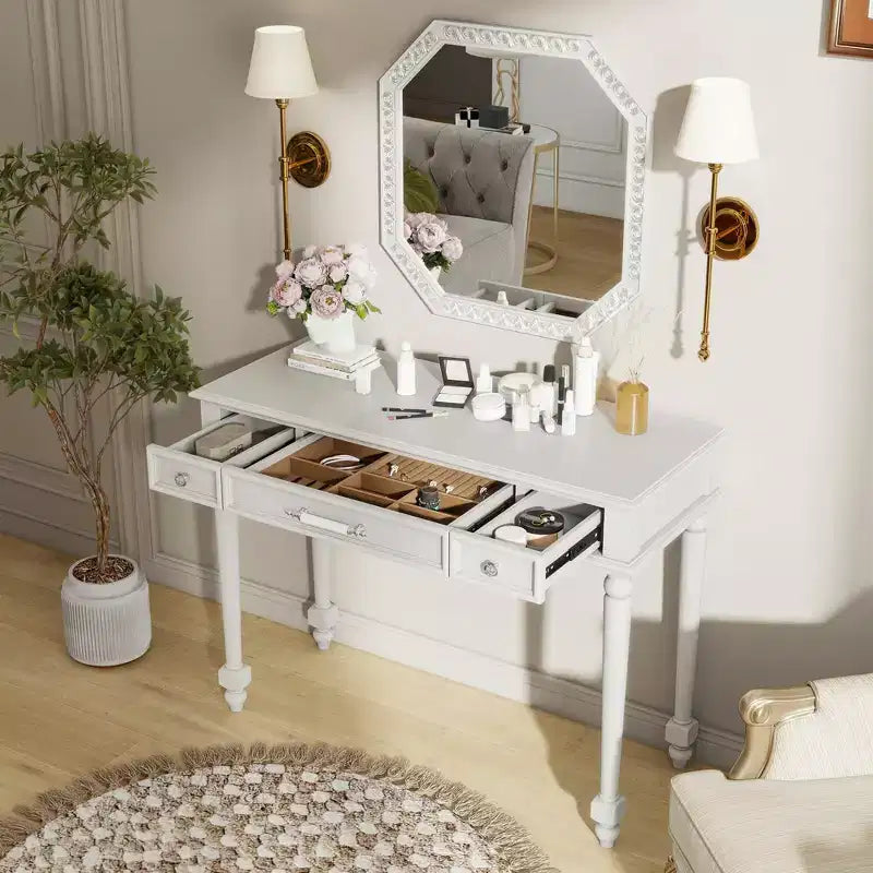Coiffeuse avec miroir, tiroirs et plateau de rangement pour bijoux