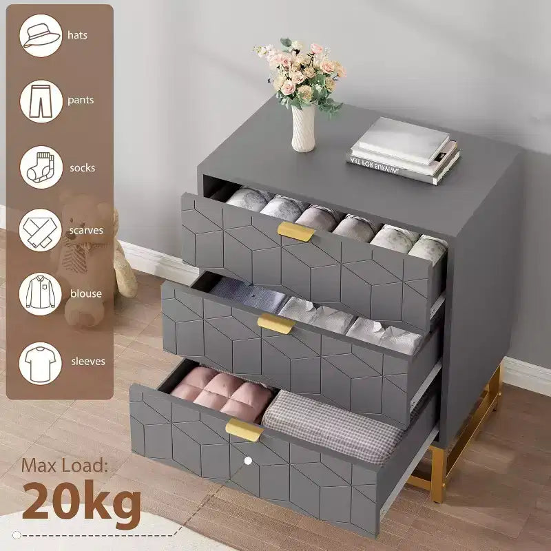Commode à 3 tiroirs, meuble de rangement moderne avec pieds en métal doré