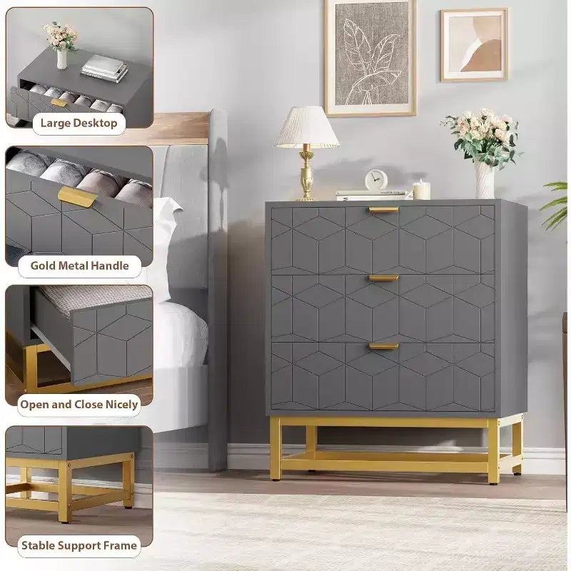 Commode à 3 tiroirs, meuble de rangement moderne avec pieds en métal doré