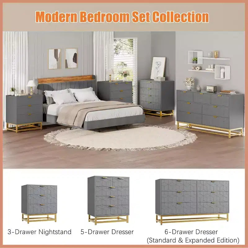 Commode à 3 tiroirs, meuble de rangement moderne avec pieds en métal doré