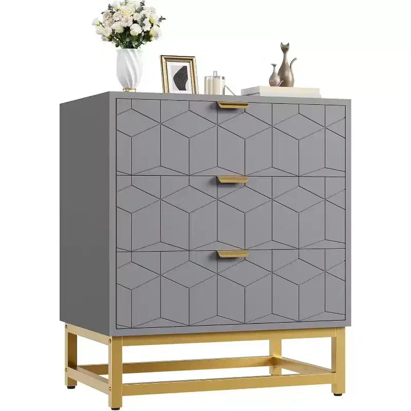 Commode à 3 tiroirs, meuble de rangement moderne avec pieds en métal doré