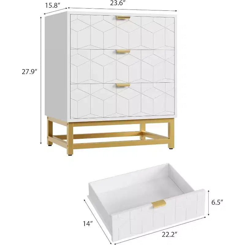 Commode à 3 tiroirs, meuble de rangement moderne avec pieds en métal doré