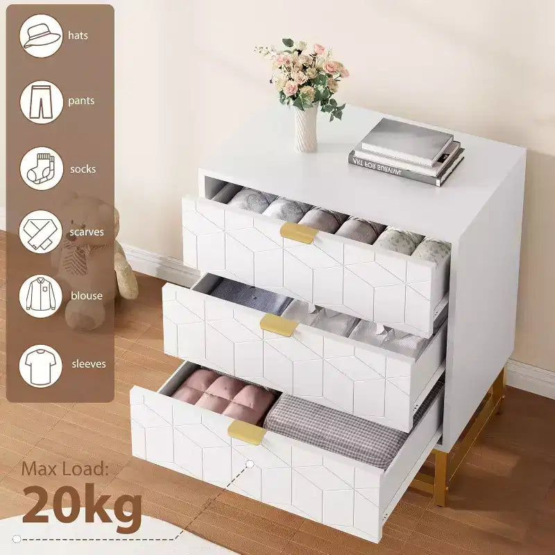 Commode à 3 tiroirs, meuble de rangement moderne avec pieds en métal doré