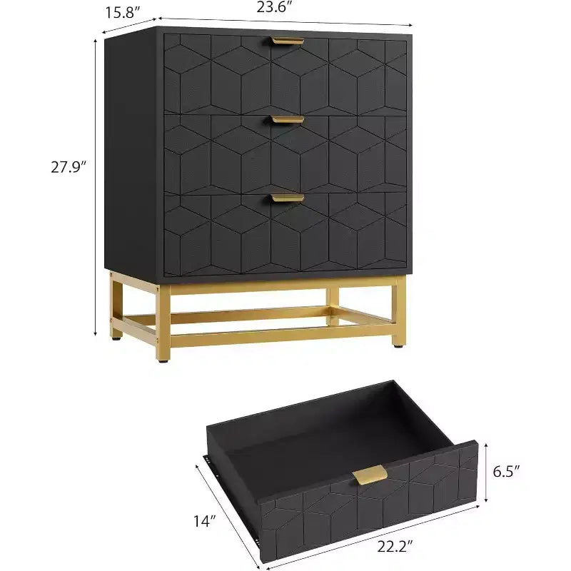 Commode à 3 tiroirs, meuble de rangement moderne avec pieds en métal doré