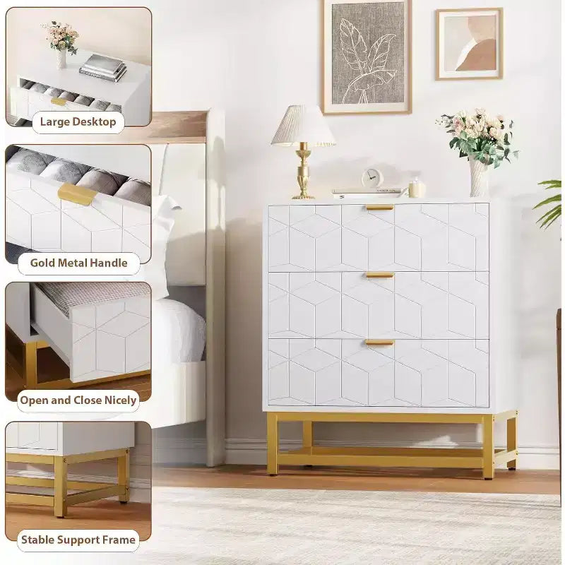 Commode à 3 tiroirs, meuble de rangement moderne avec pieds en métal doré