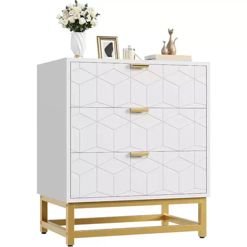 Commode à 3 tiroirs, meuble de rangement moderne avec pieds en métal doré