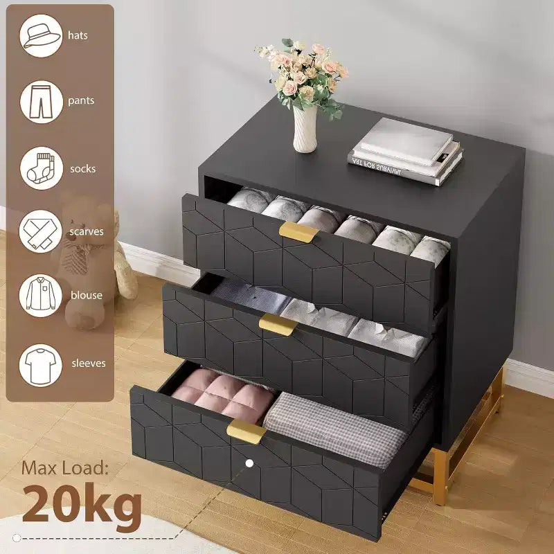 Commode à 3 tiroirs, meuble de rangement moderne avec pieds en métal doré