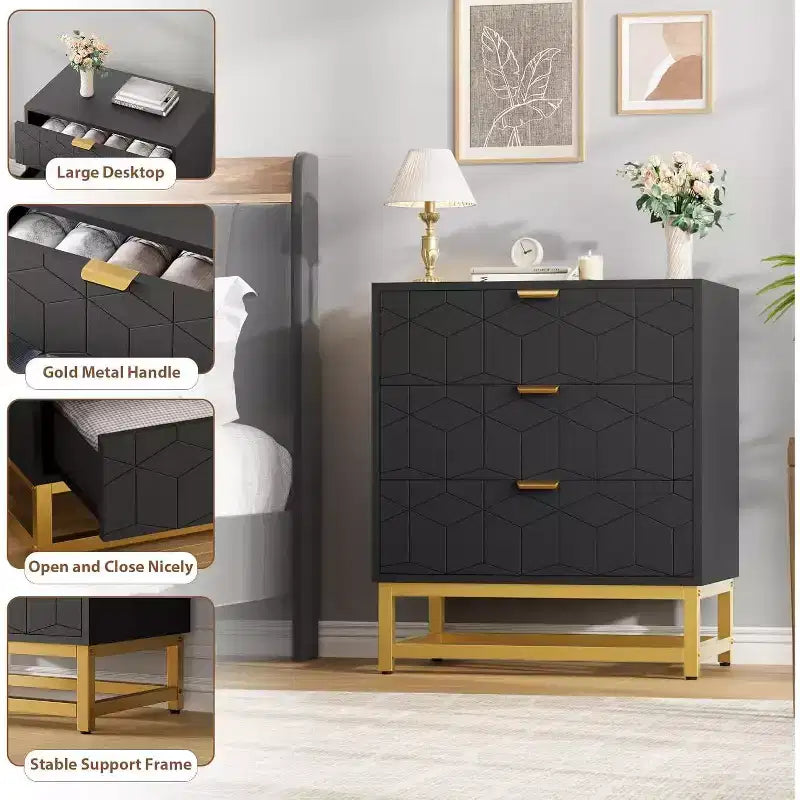 Commode à 3 tiroirs, meuble de rangement moderne avec pieds en métal doré