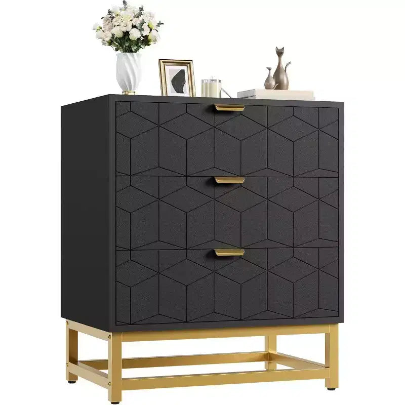 Commode à 3 tiroirs, meuble de rangement moderne avec pieds en métal doré