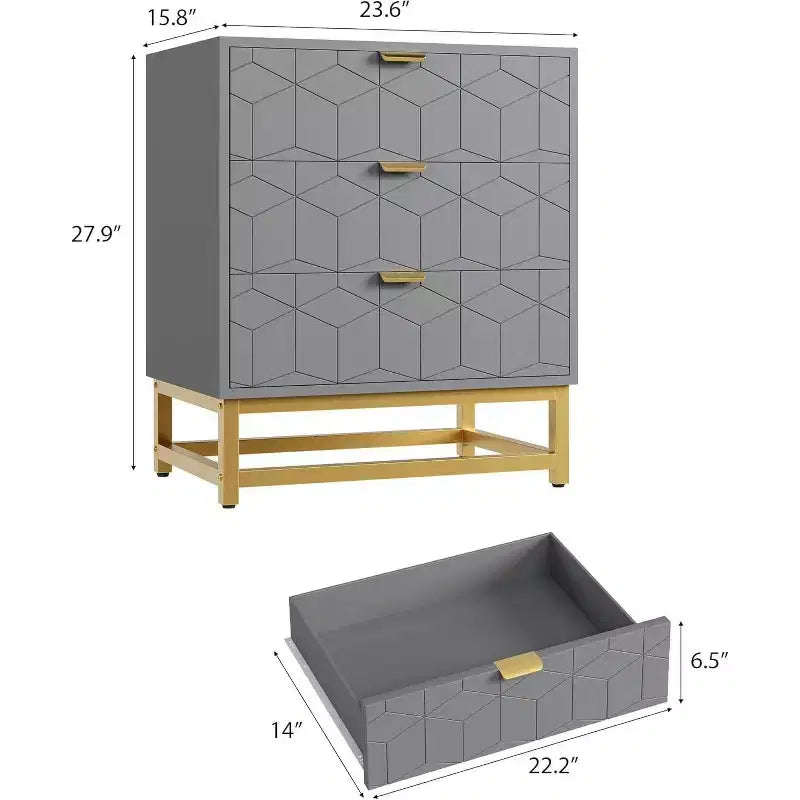 Commode à 3 tiroirs, meuble de rangement moderne avec pieds en métal doré
