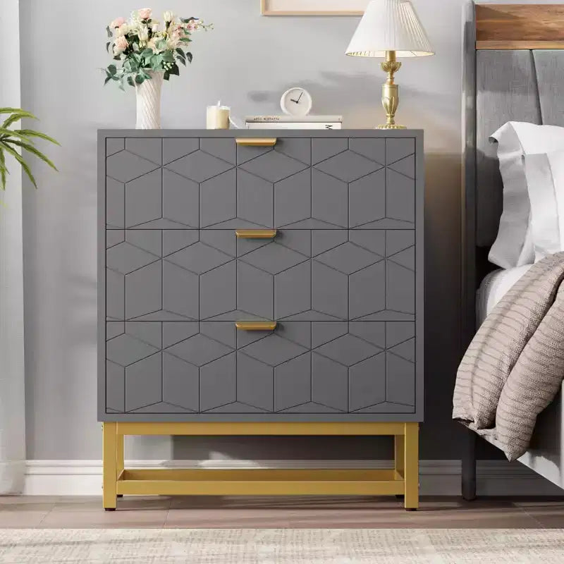 Commode à 3 tiroirs, meuble de rangement moderne avec pieds en métal doré