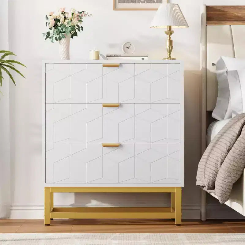 Commode à 3 tiroirs, meuble de rangement moderne avec pieds en métal doré