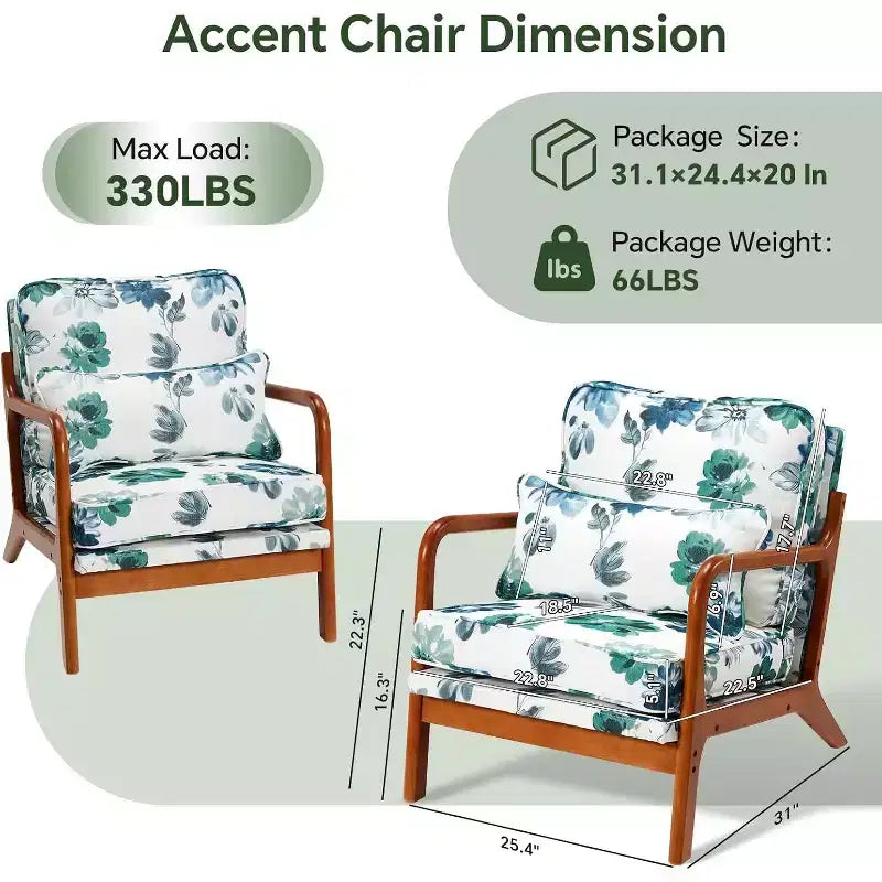 Fauteuils d'appoint Floral Mid-Century Modern avec cadre en bois d'hévéa massif pour le salon