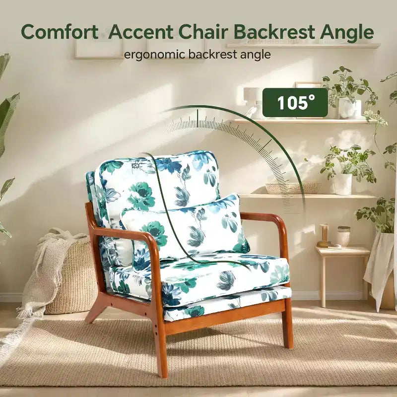Fauteuils d'appoint Floral Mid-Century Modern avec cadre en bois d'hévéa massif pour le salon
