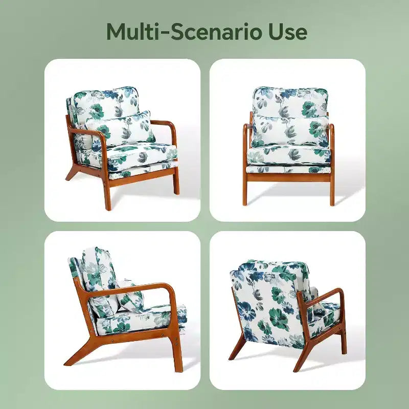 Fauteuils d'appoint Floral Mid-Century Modern avec cadre en bois d'hévéa massif pour le salon