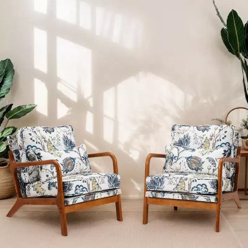 Fauteuils d'appoint Floral Mid-Century Modern avec cadre en bois d'hévéa massif pour le salon