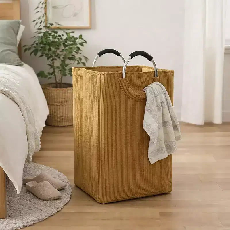 Panier à linge en velours côtelé 55L Jaune moutarde