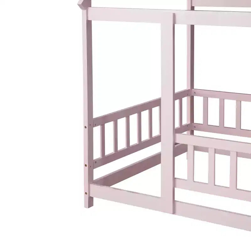 Lit en bois avec cadre de toit, rails de sécurité roses, pour chambre d'enfant