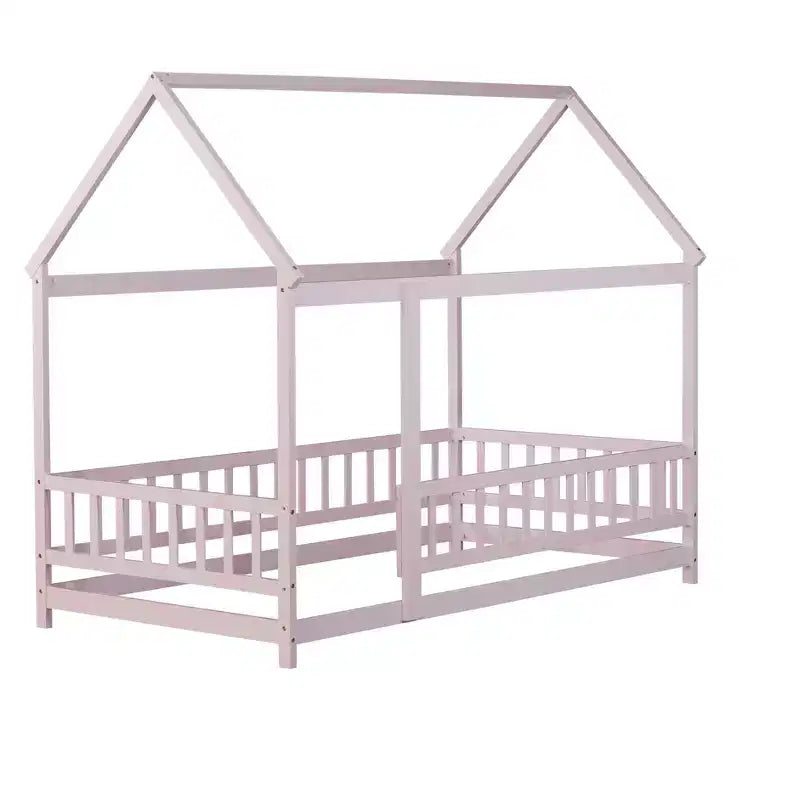 Lit en bois avec cadre de toit, rails de sécurité roses, pour chambre d'enfant