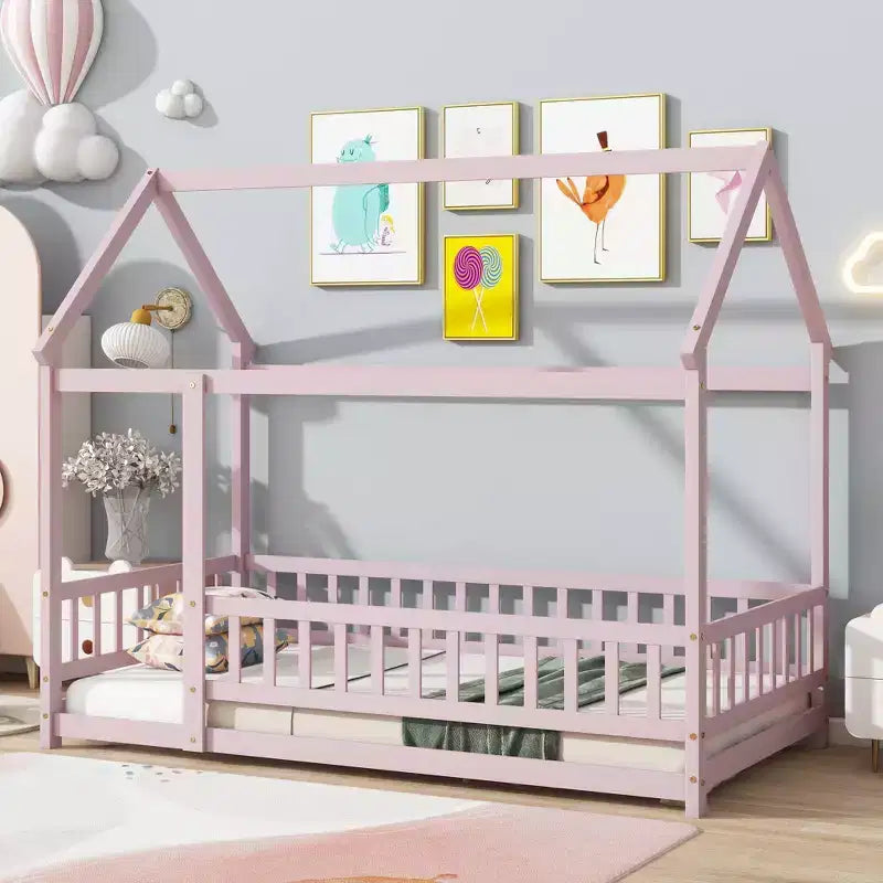 Lit en bois avec cadre de toit, rails de sécurité roses, pour chambre d'enfant