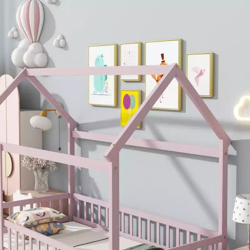 Lit en bois avec cadre de toit, rails de sécurité roses, pour chambre d'enfant
