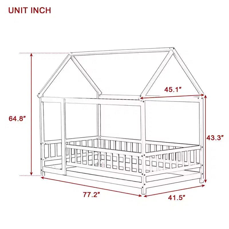 Lit en bois avec cadre de toit, rails de sécurité roses, pour chambre d'enfant