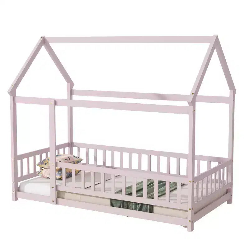 Lit en bois avec cadre de toit, rails de sécurité roses, pour chambre d'enfant