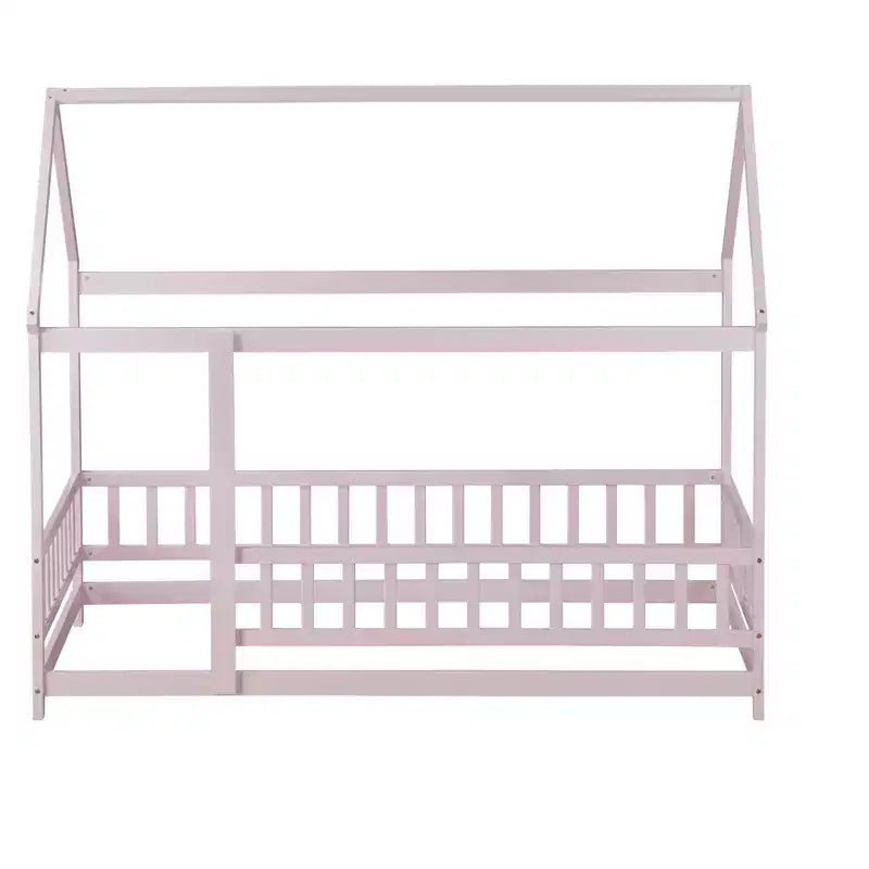 Lit en bois avec cadre de toit, rails de sécurité roses, pour chambre d'enfant