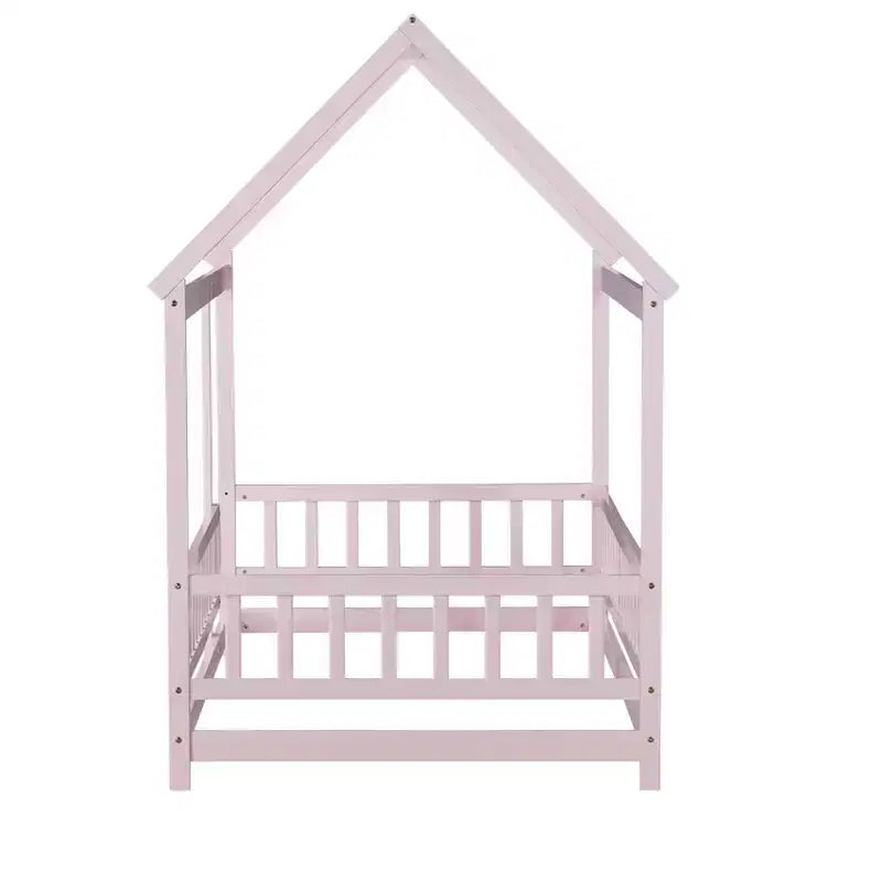 Lit en bois avec cadre de toit, rails de sécurité roses, pour chambre d'enfant