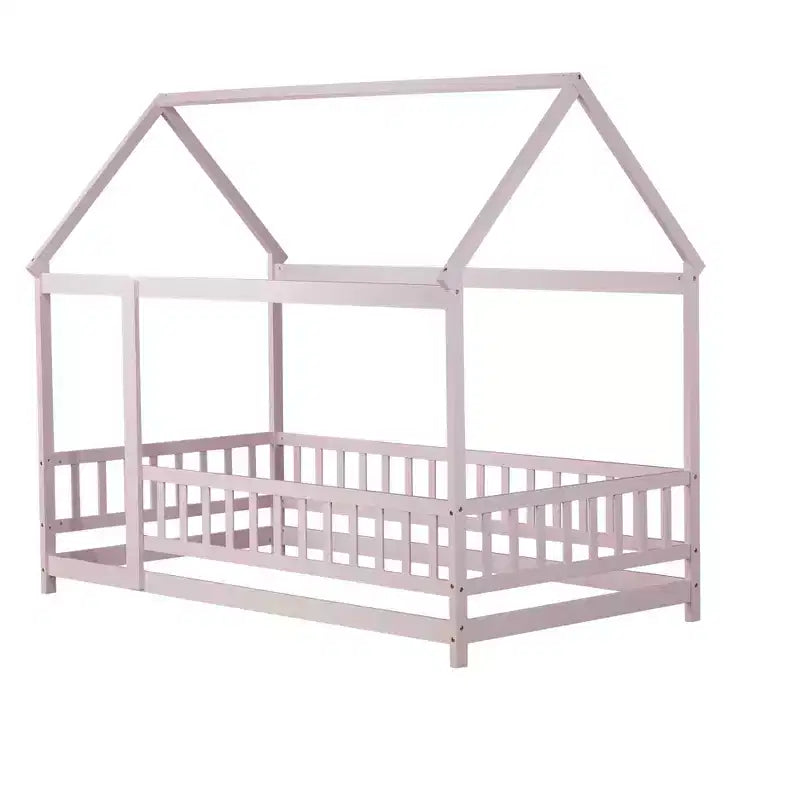 Lit en bois avec cadre de toit, rails de sécurité roses, pour chambre d'enfant