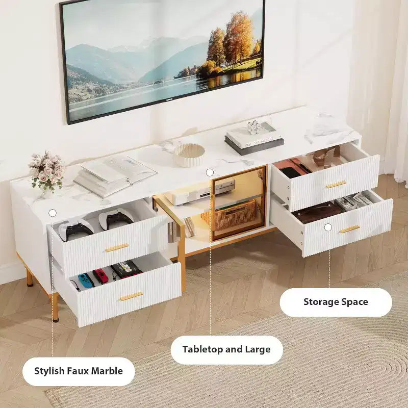 Meuble TV 65 pouces avec lumières LED, meuble de divertissement moderne