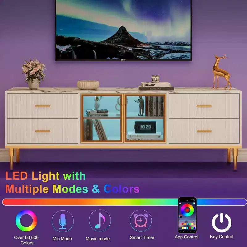Meuble TV 65 pouces avec lumières LED, meuble de divertissement moderne