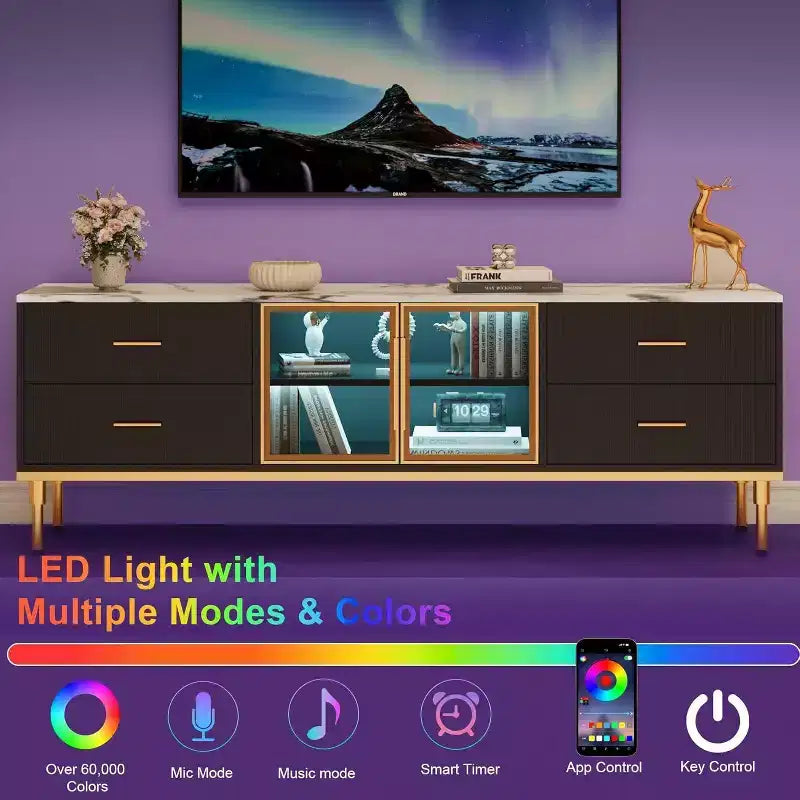 Meuble TV 65 pouces avec lumières LED, meuble de divertissement moderne