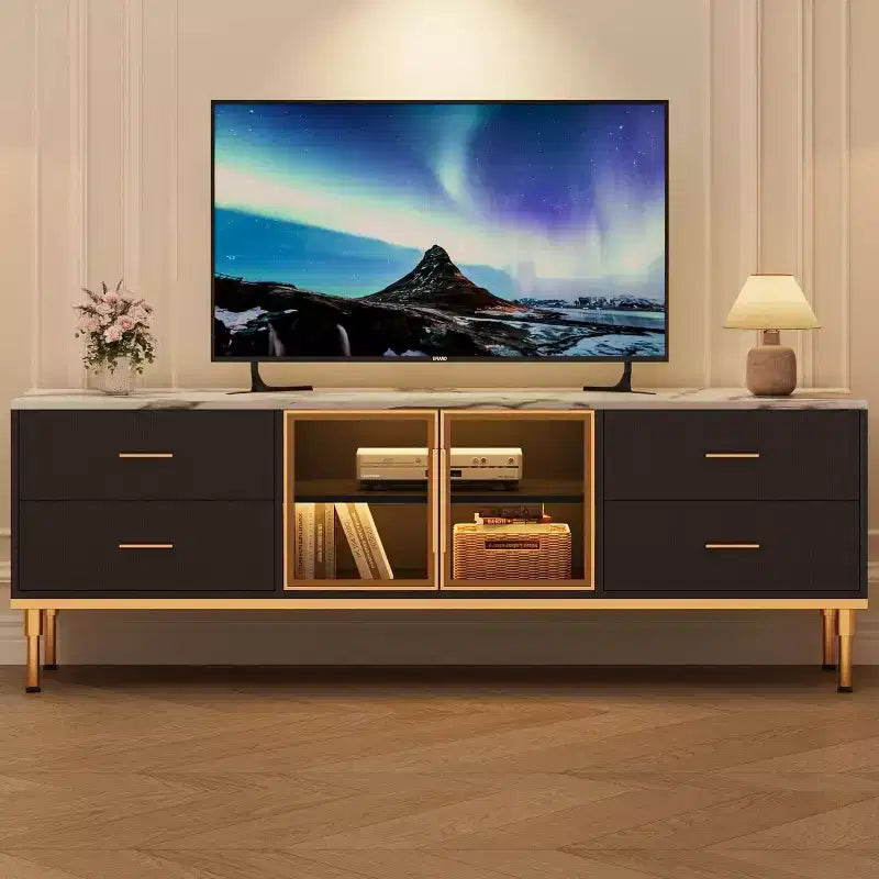 65 Inch TV Stand with LED Lights, Modern Entertainment Center with 4 Drawers &amp; Shelves &amp; Glass Doors, TV Console Table for 55/65/75 Inch TV