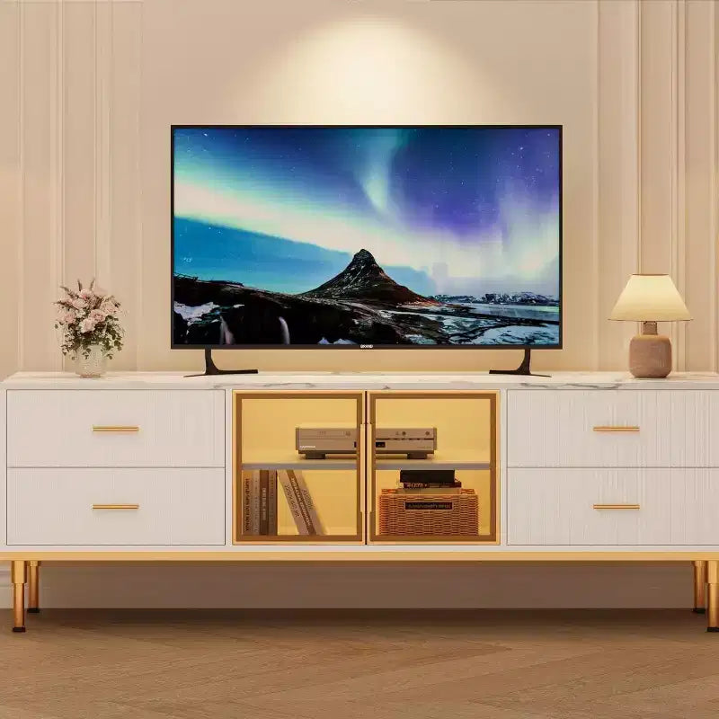 Meuble TV 65 pouces avec lumières LED, meuble de divertissement moderne