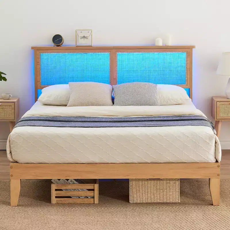 Cadre de lit, Cadre de lit avec tête de lit de rangement en rotin, Lumières LED réglables