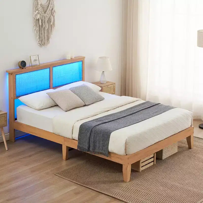 Cadre de lit, Cadre de lit avec tête de lit de rangement en rotin, Lumières LED réglables