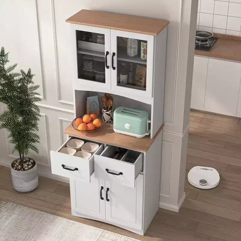 Armoire de cuisine en bois, blanche, pour garde-manger, avec emplacement pour micro-ondes