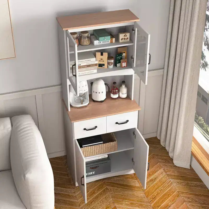 Armoire de cuisine en bois, blanche, pour garde-manger, avec emplacement pour micro-ondes