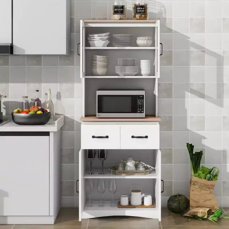 Armoire de cuisine en bois, blanche, pour garde-manger, avec emplacement pour micro-ondes