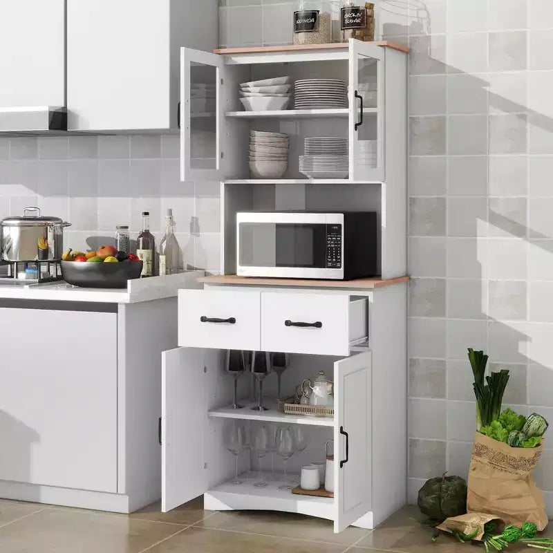 Armoire de cuisine en bois, blanche, pour garde-manger, avec emplacement pour micro-ondes