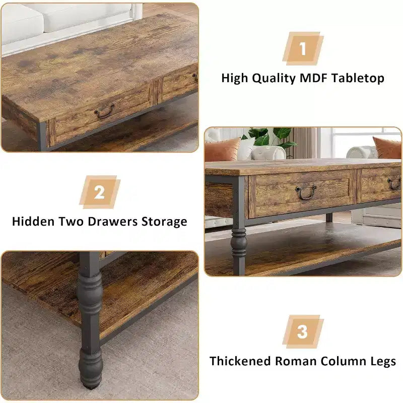 Table basse rectangulaire en bois avec 2 tiroirs de rangement 41 po