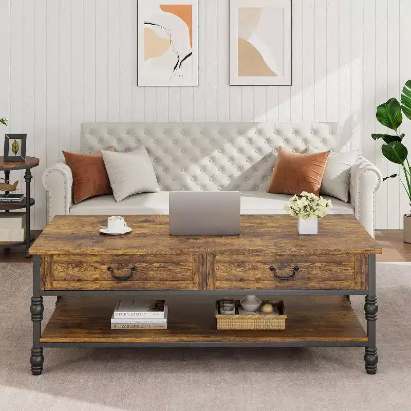 Table basse rectangulaire en bois avec 2 tiroirs de rangement 41 po