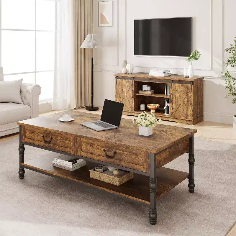Table basse rectangulaire en bois avec 2 tiroirs de rangement 41 po
